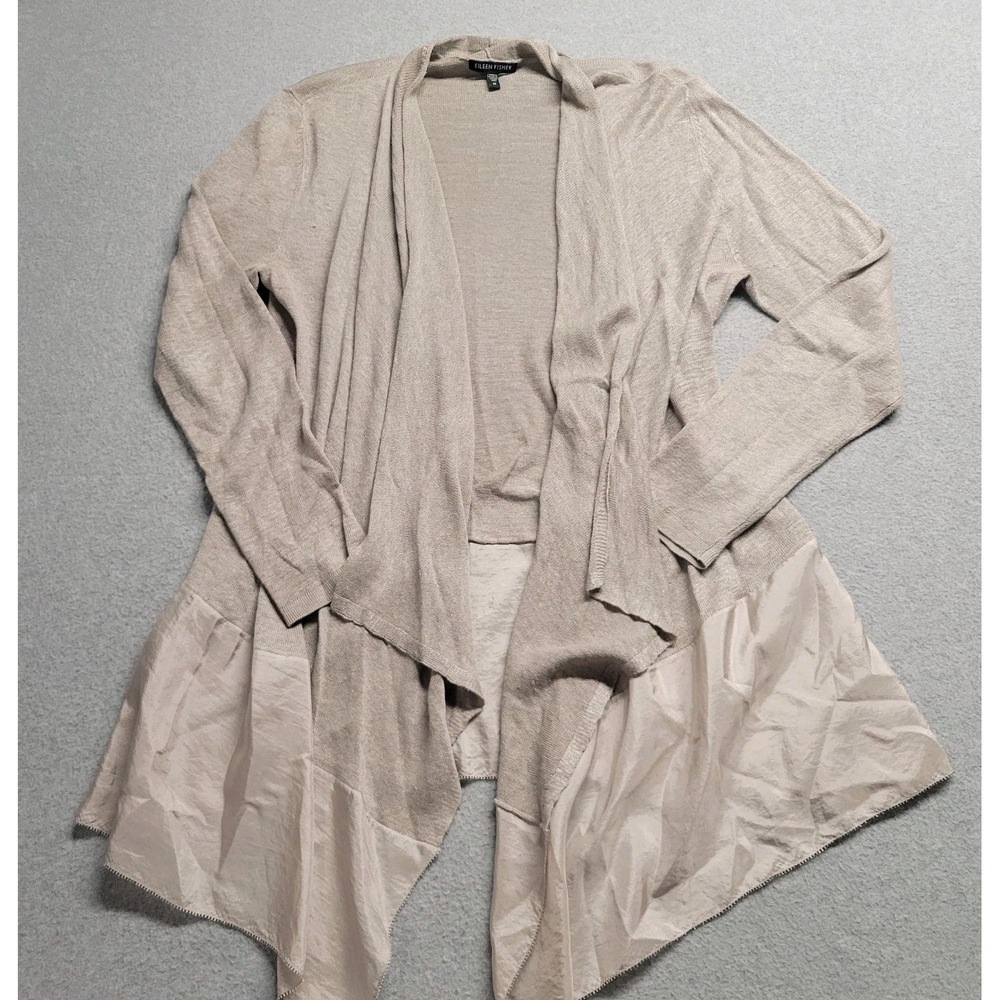 Eileen Fisher Linen Silk Open Front Cardigan Beige Mixed Media Silk Hem Medium